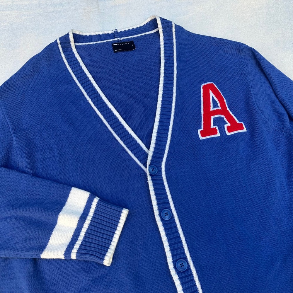 ASOS Design Womens Varsity Cardigan Sweater M Blue Letterman A Patch Preppy